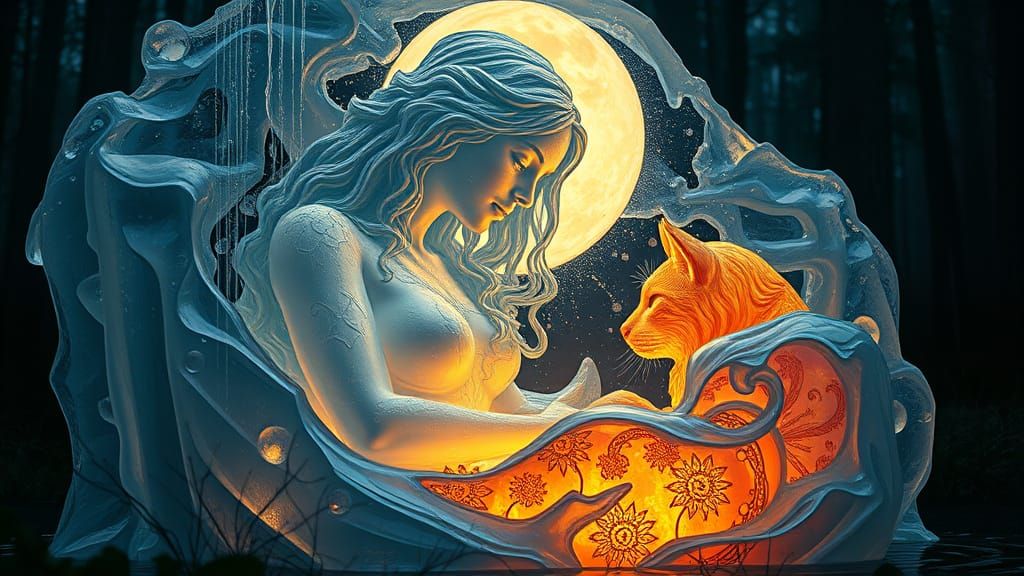 Melting Ice Sculpture in Forest, Dreamlike Soft Focus