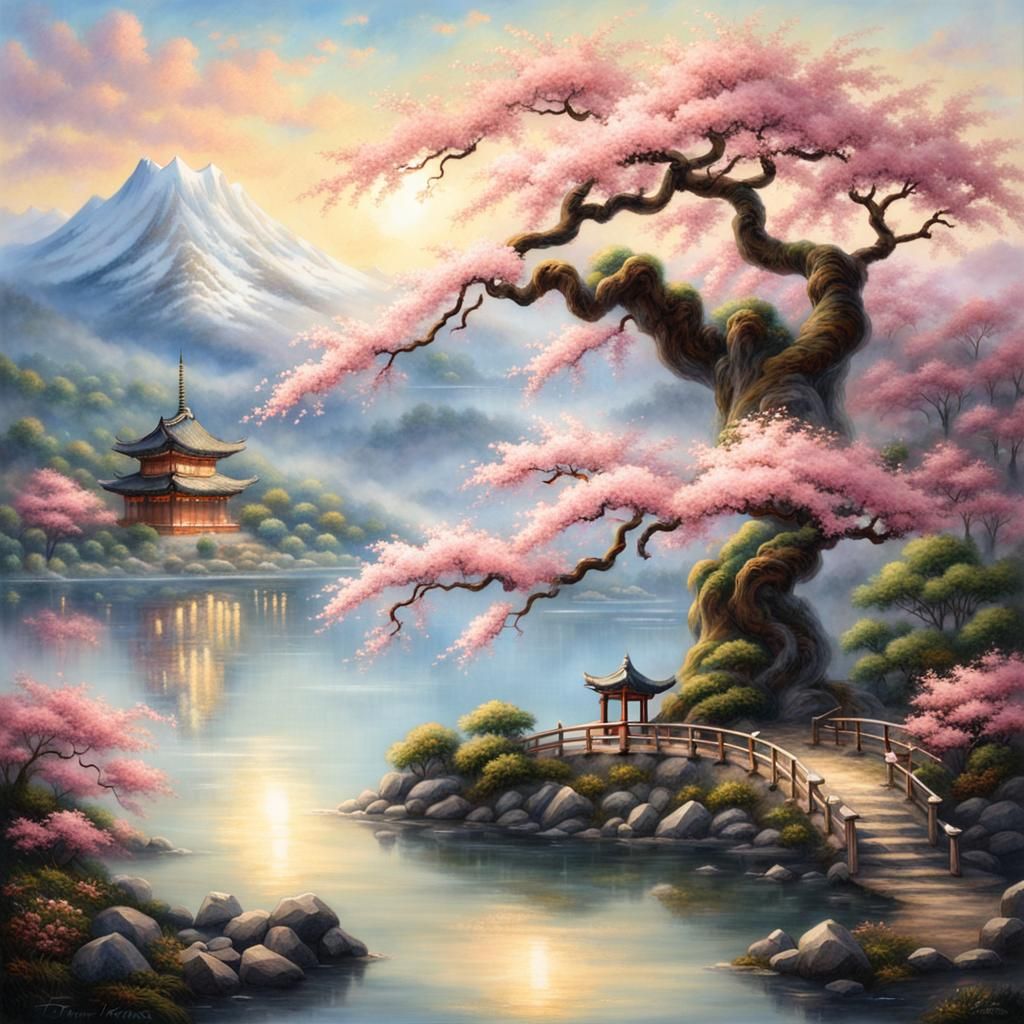 Ethereal Sakura Tree by Lake in Fantasy Landscape