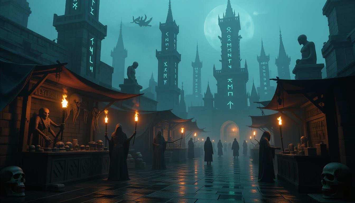 Gothic Alien Night Market with Forbidden Relics