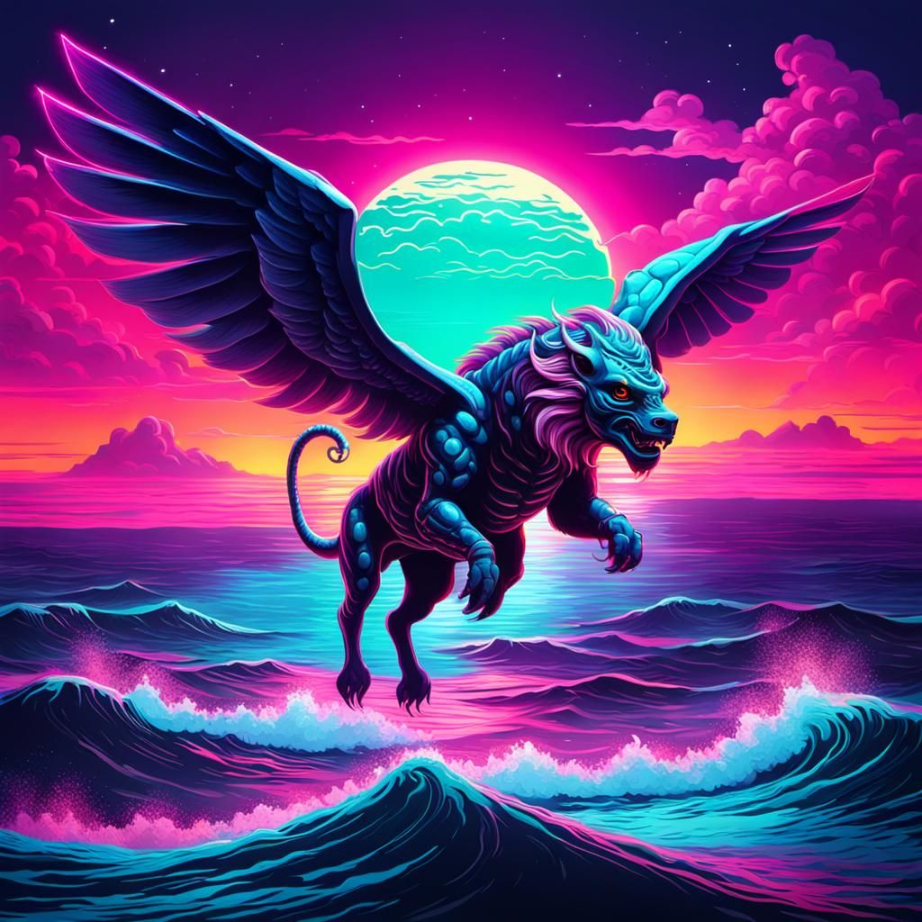 Synthwave Chimera Flying Over Neon Ocean