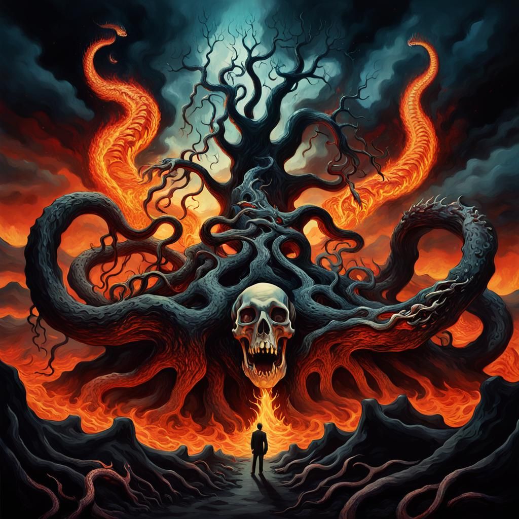 Infernal Serpent Swallowing Sinner: A Surreal Landscape