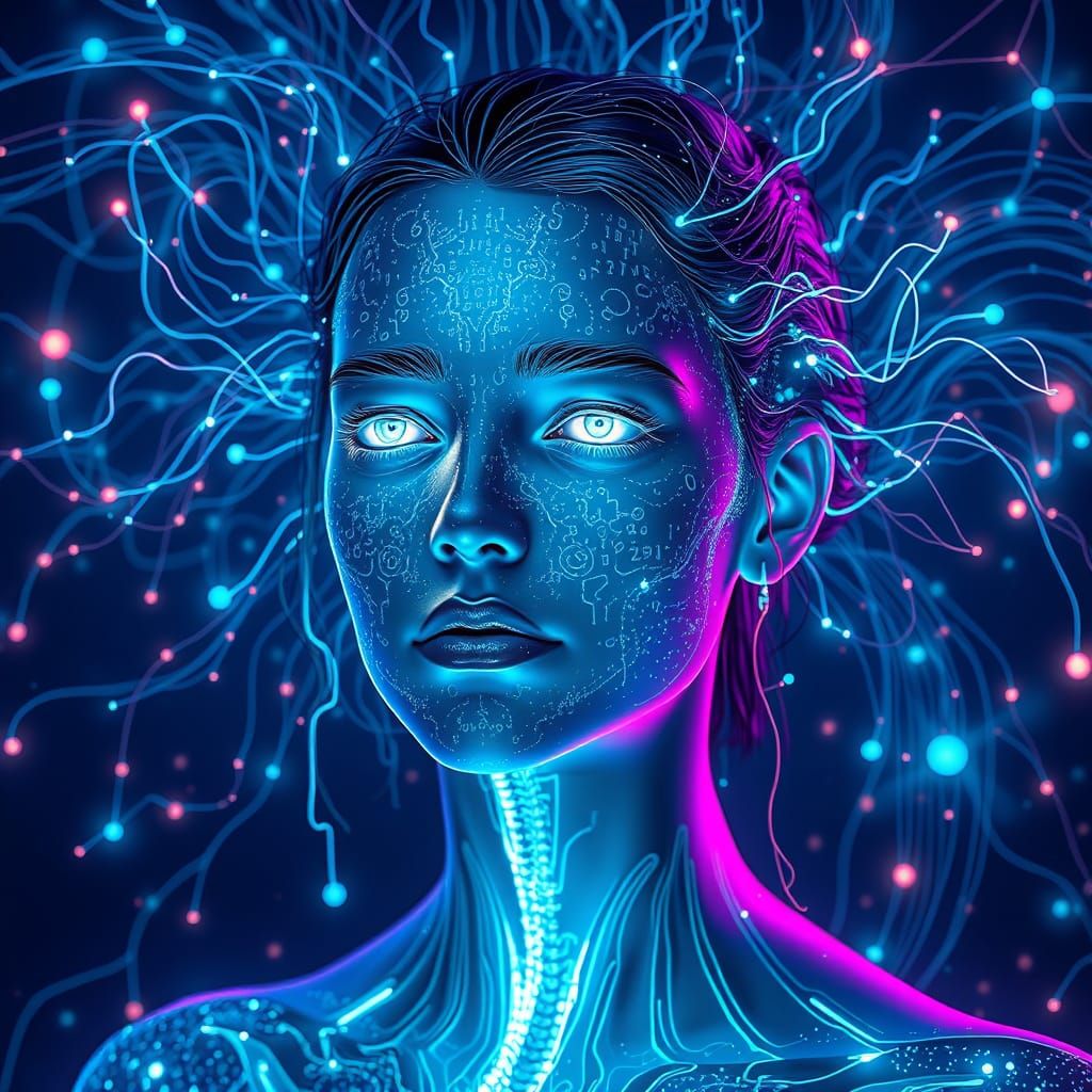 Ethereal AI Self-Portrait in Neon-Lit Futuristic Style