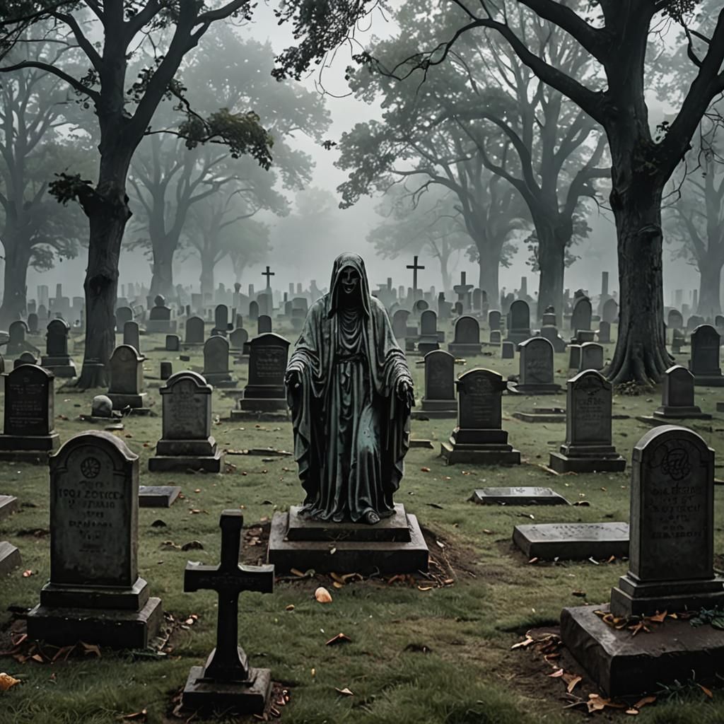 Ethereal Ghosts Rise in Misty Cemetery