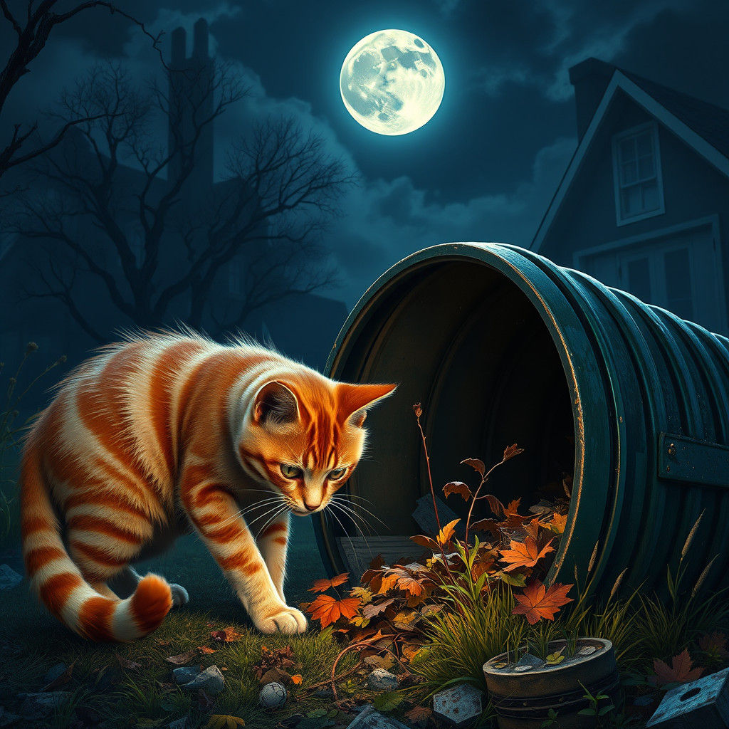 Orange Cat Rummages Through Garbage at Night