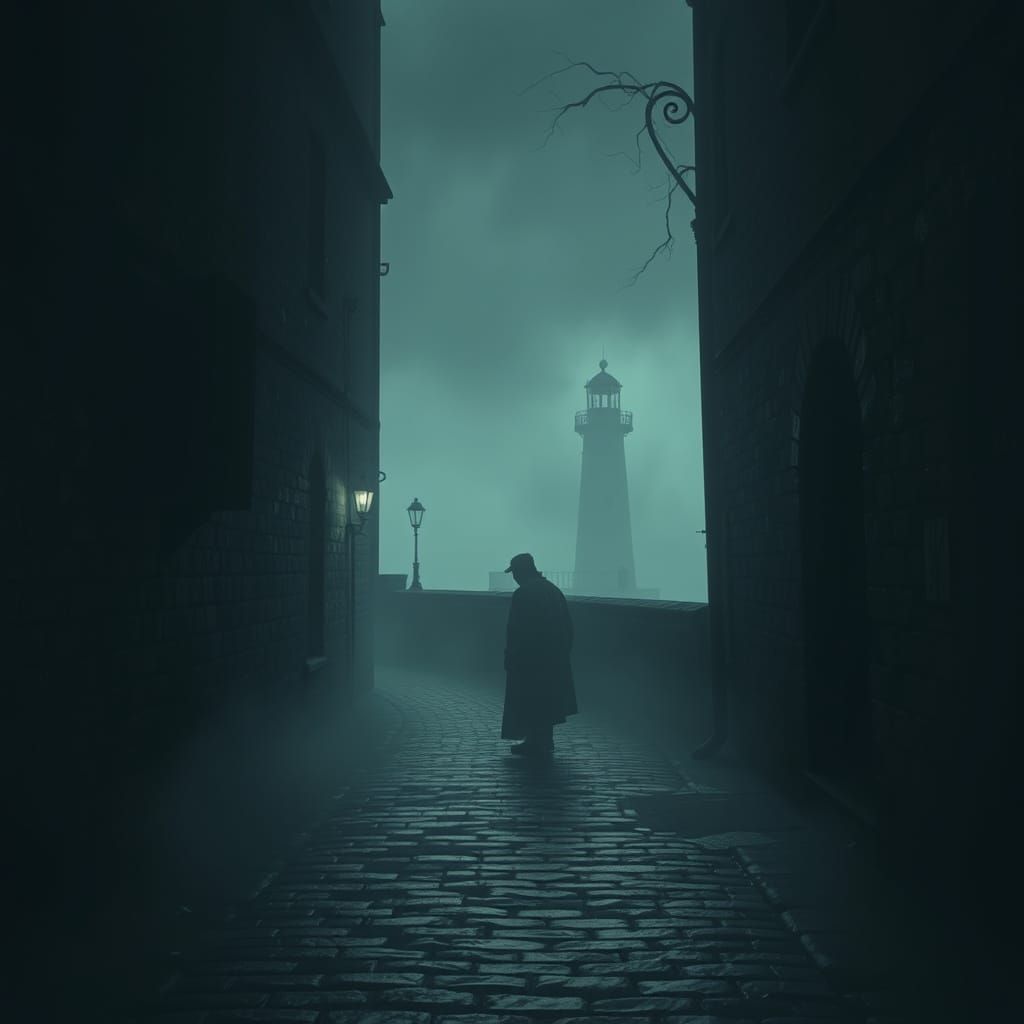 Gothic Film Noir Scene in a Haunting, Dimly Lit Alleyway