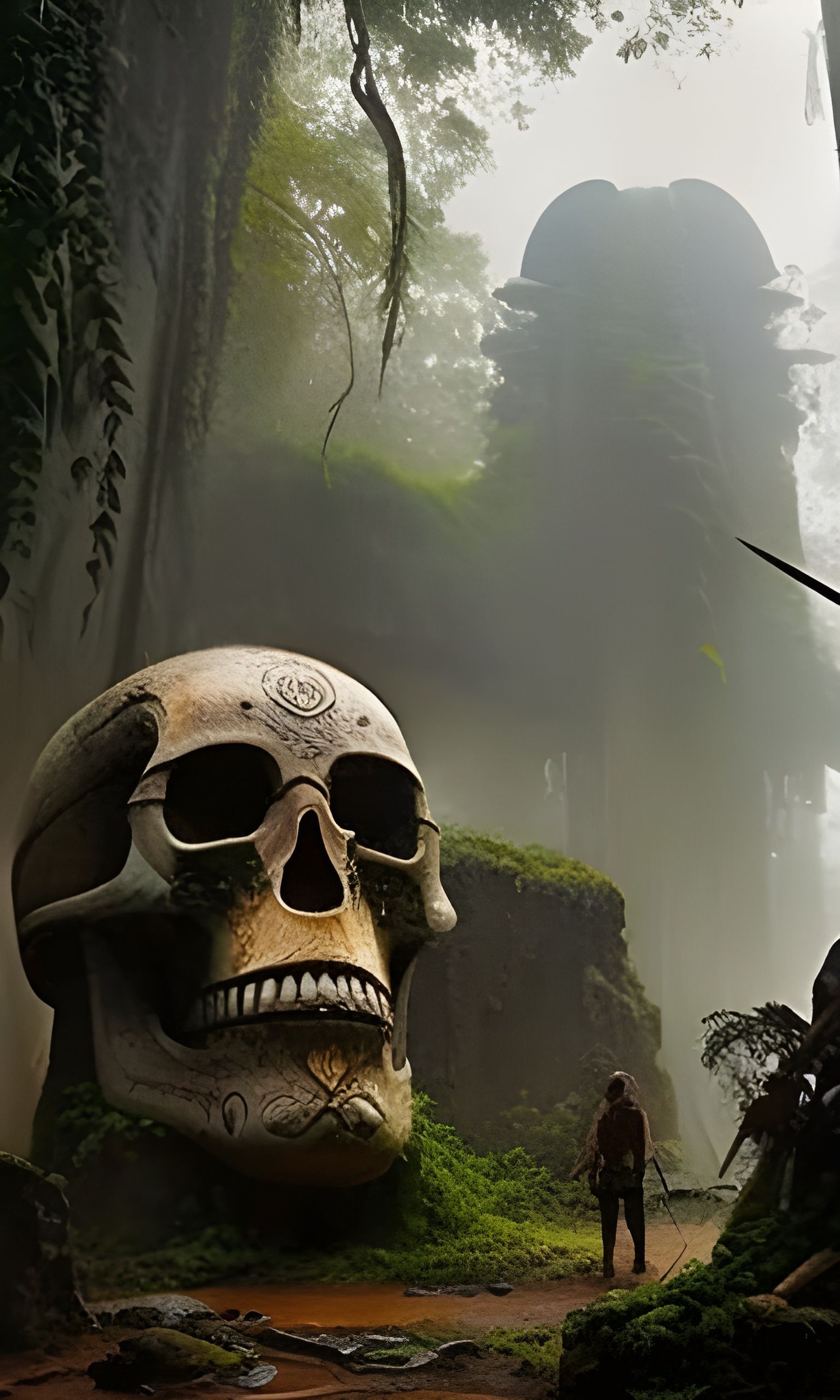 Amazonian Warrior in Jungle with Stone Skull