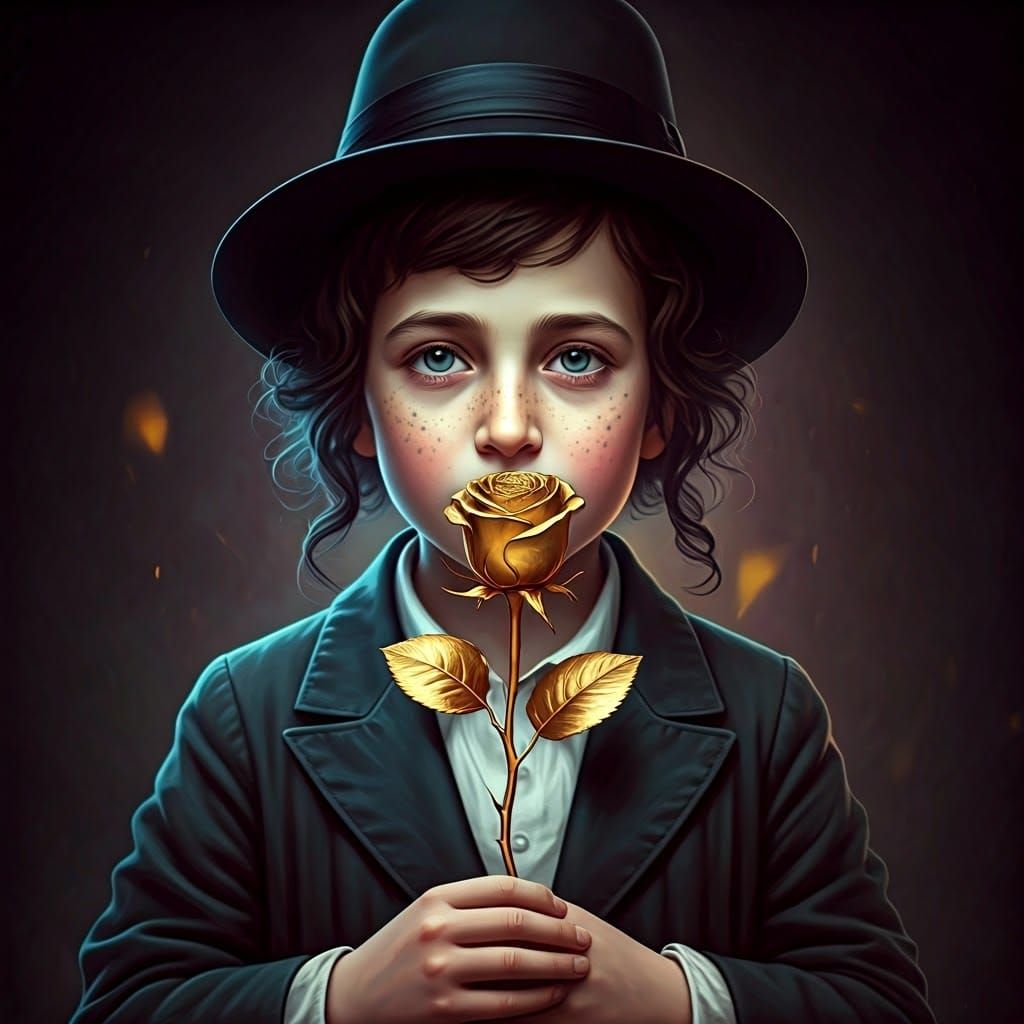 Golden Rose in the Hand of a Hasidic Boy, in Dark Fantasy St...