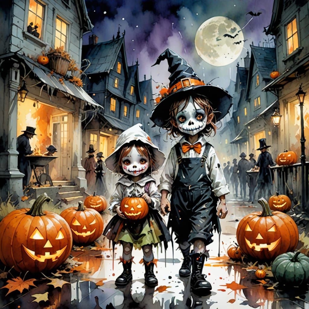 Cute Halloween Cartoon with Trick-or-Treating Kids in Waterc...