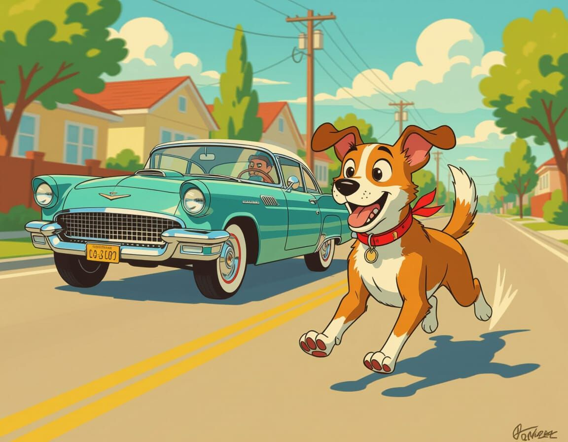Dog Chasing Vintage Car in Vibrant Cartoon Style