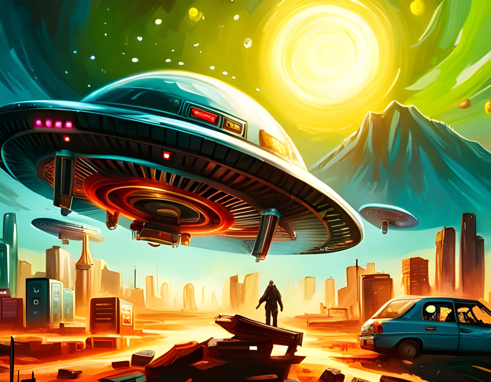 Atompunk UFO in Retro-Futuristic Pop Art Style