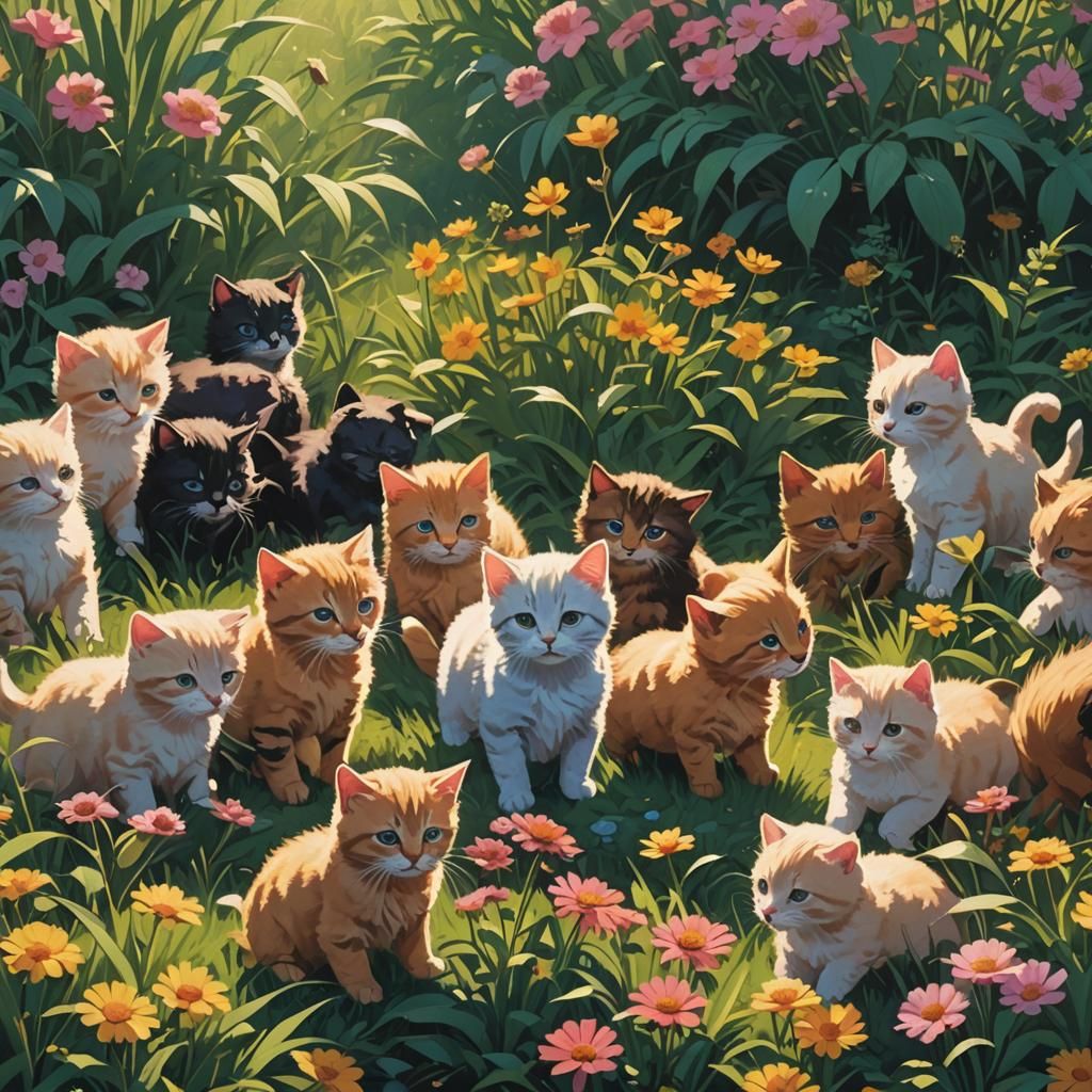 Kittens and Puppies Play in a Sunlit Meadow