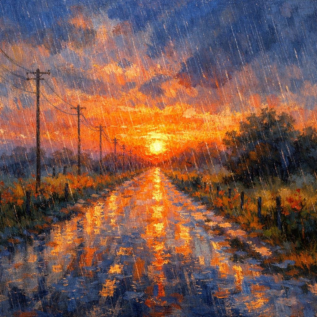Impressionist Sunset Over Rainy Country Road