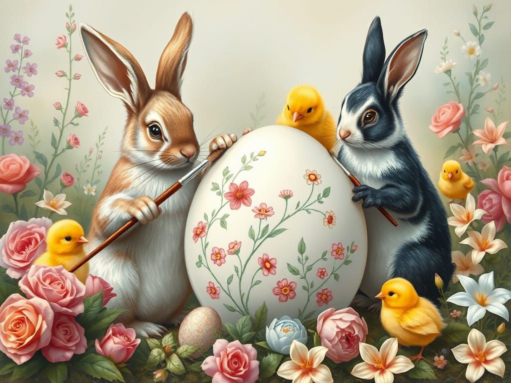 Whimsical Easter Scene with Bunnies Painting Eggs