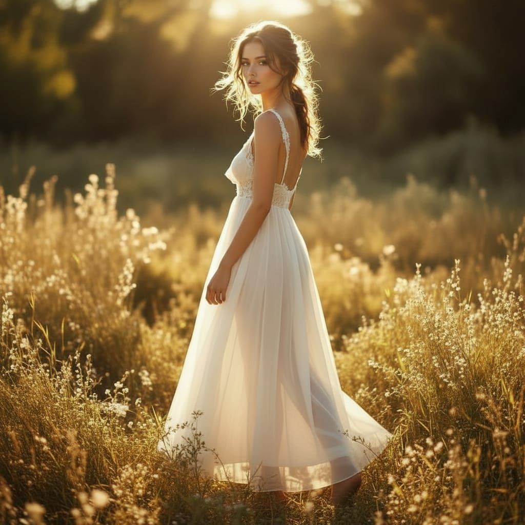 Woman in Delicate White Lace Sundress