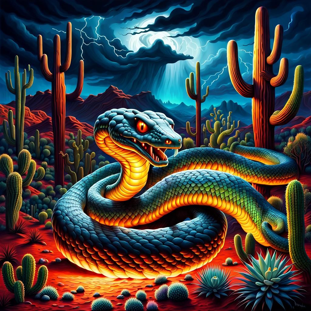 Eerie Snake Monster in Red Canyon with Stormy Skies