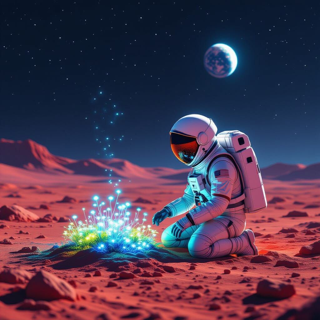Astronaut Tends Glowing Martian Garden Under Starry Sky
