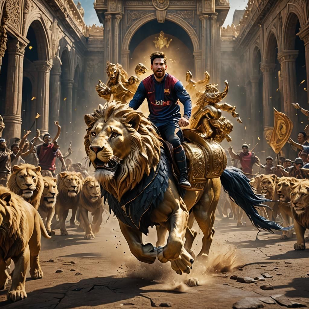 Lionel Messi Rides a Golden Lion in Fantasy Art