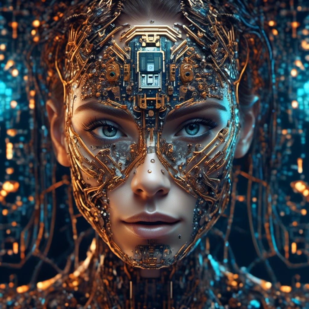 Computerized Woman's Face Made of Circuitry
