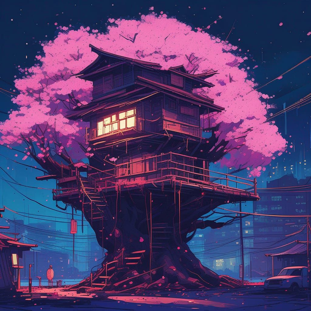 Cherry Blossom Treehouse in Abandoned City at Night
