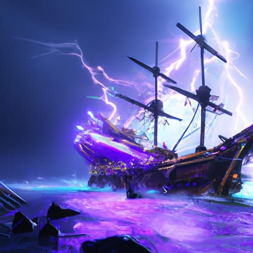 Pirate Ship Amidst Purple Storm and Lightning