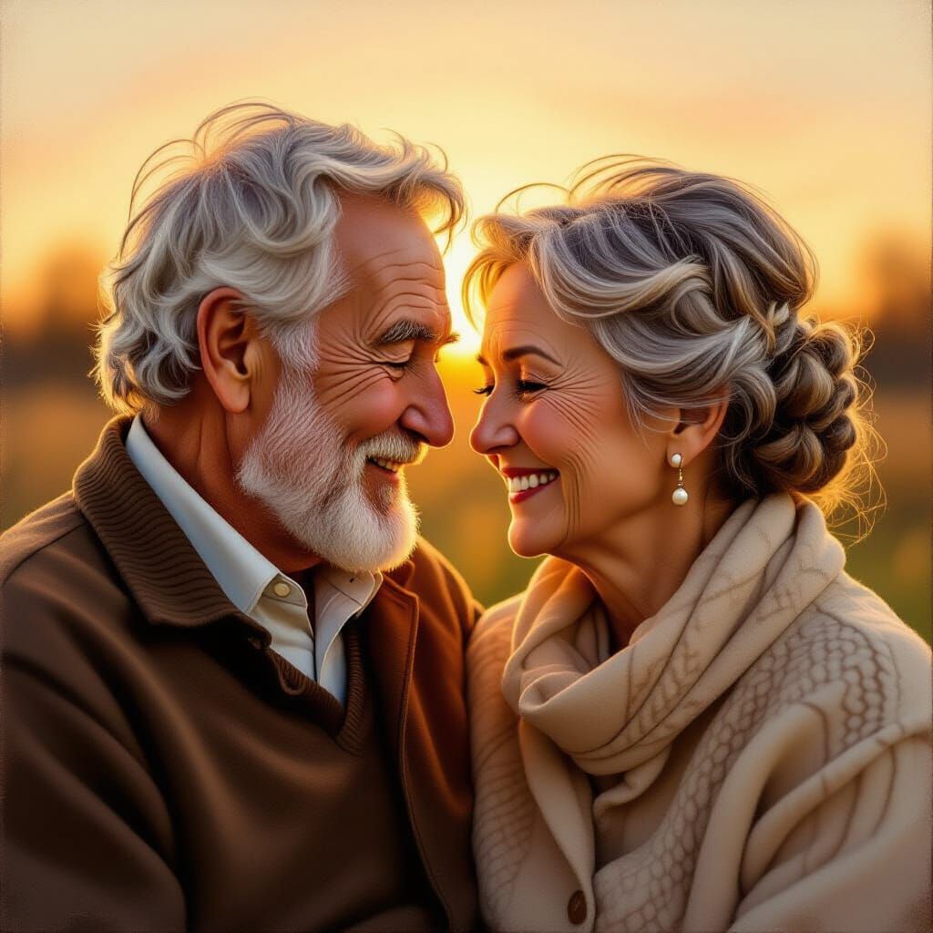 Elderly Couple's 50th Anniversary Portrait in Golden Hour Li...