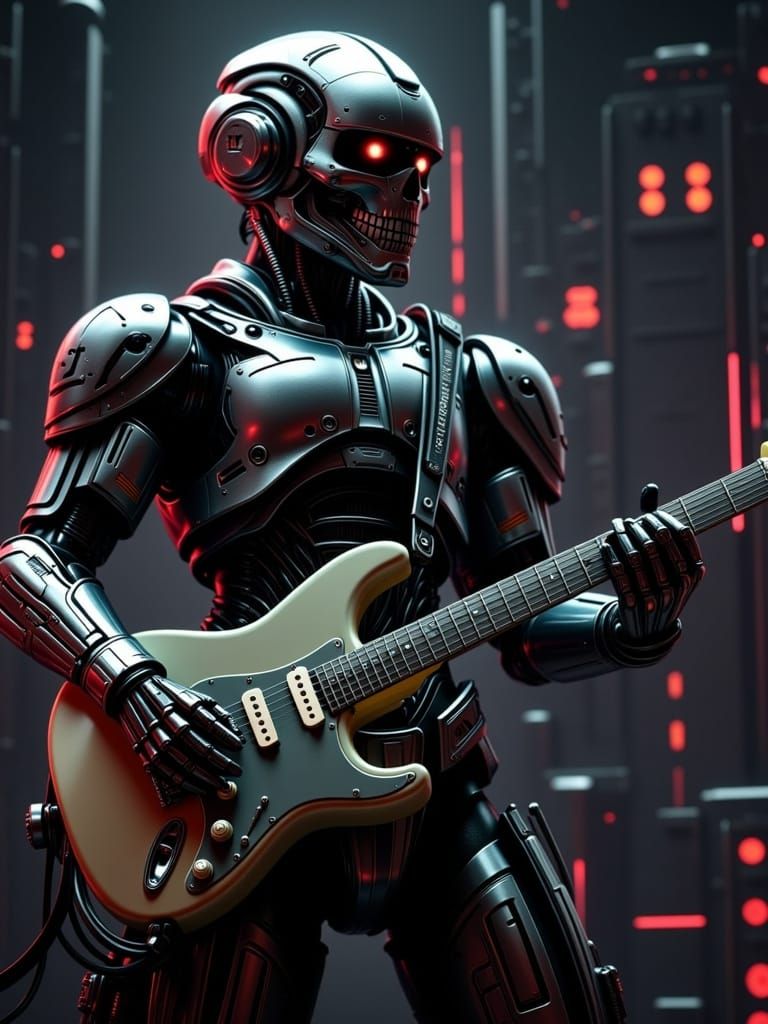 Robot Guitarist in Futuristic Metallic Armor