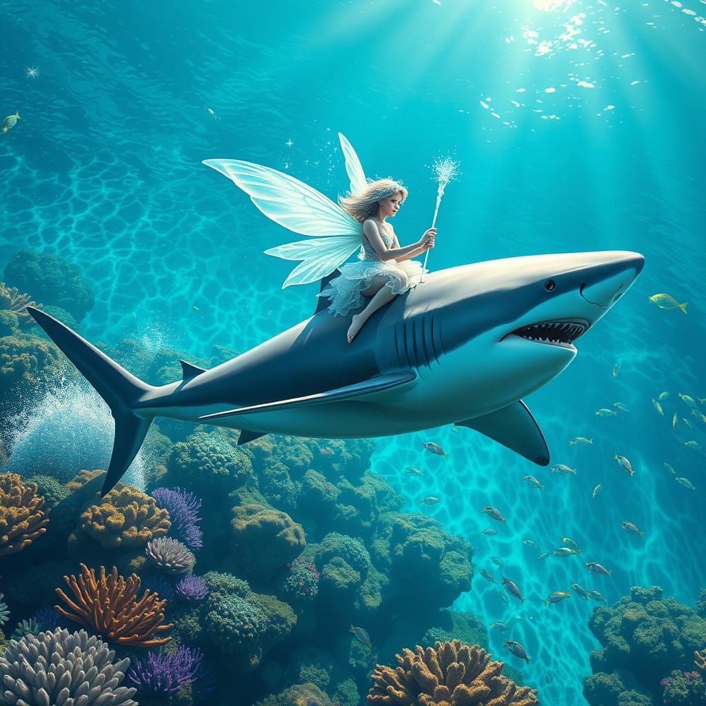 Futuristic Fairy Rides Majestic Shark through Vibrant Coral....