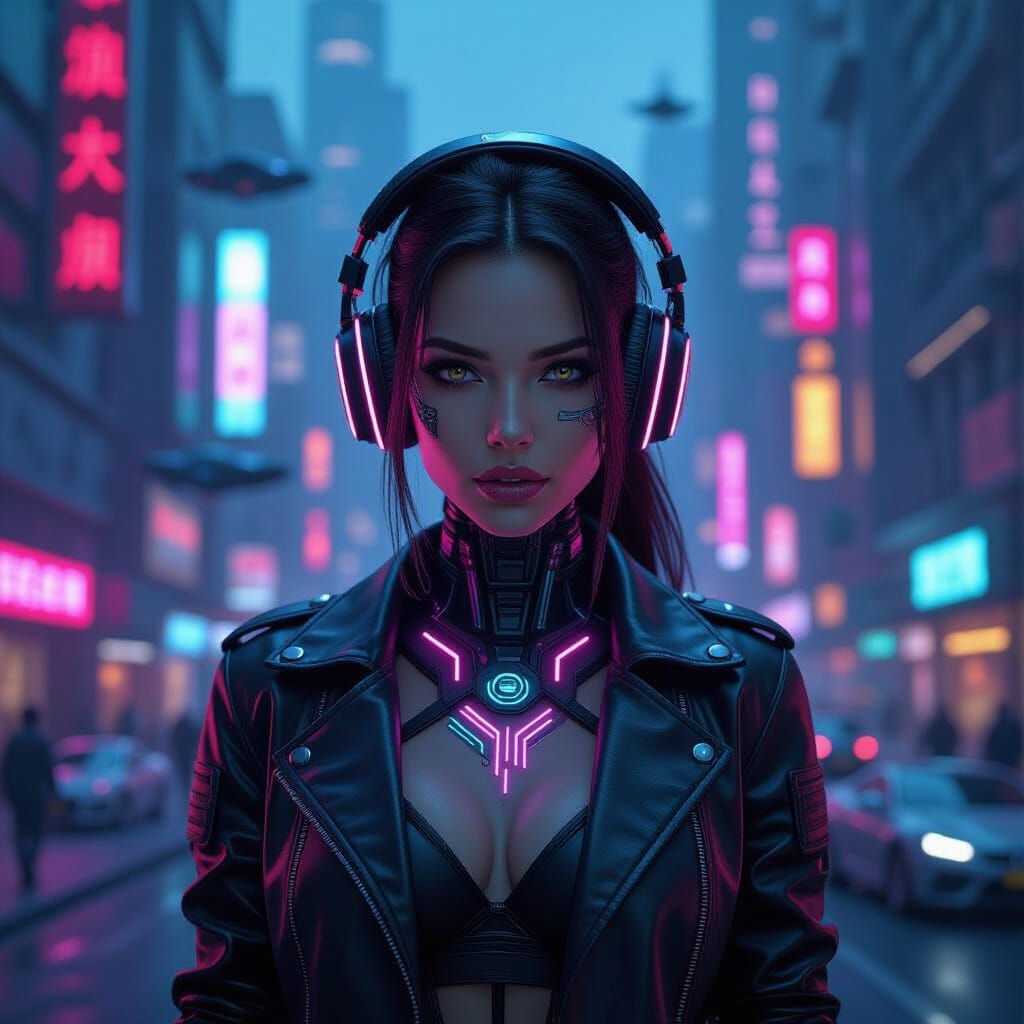 Cyborg Woman in Cyberpunk City with Glowing Circuitry