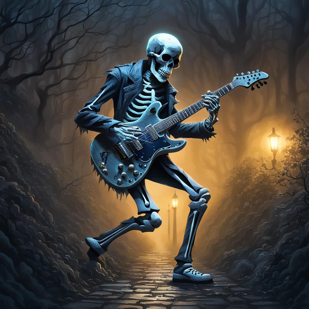 Skeleton Guitarist Strolls Down Misty Pathway