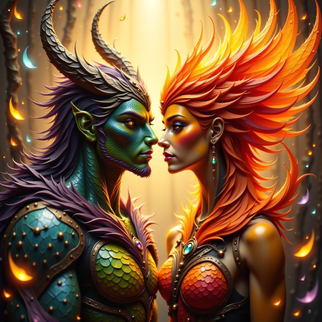 Dragon and Phoenix Men Kiss in Mystical Aura