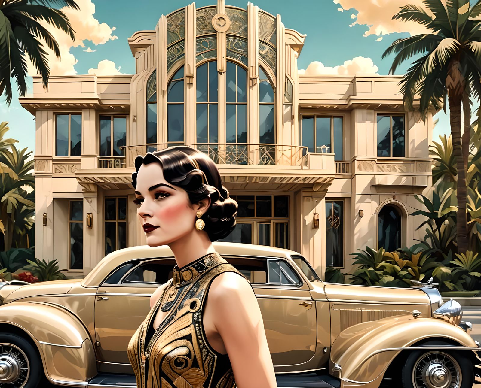 Art Deco Glamour: House, Car and Woman