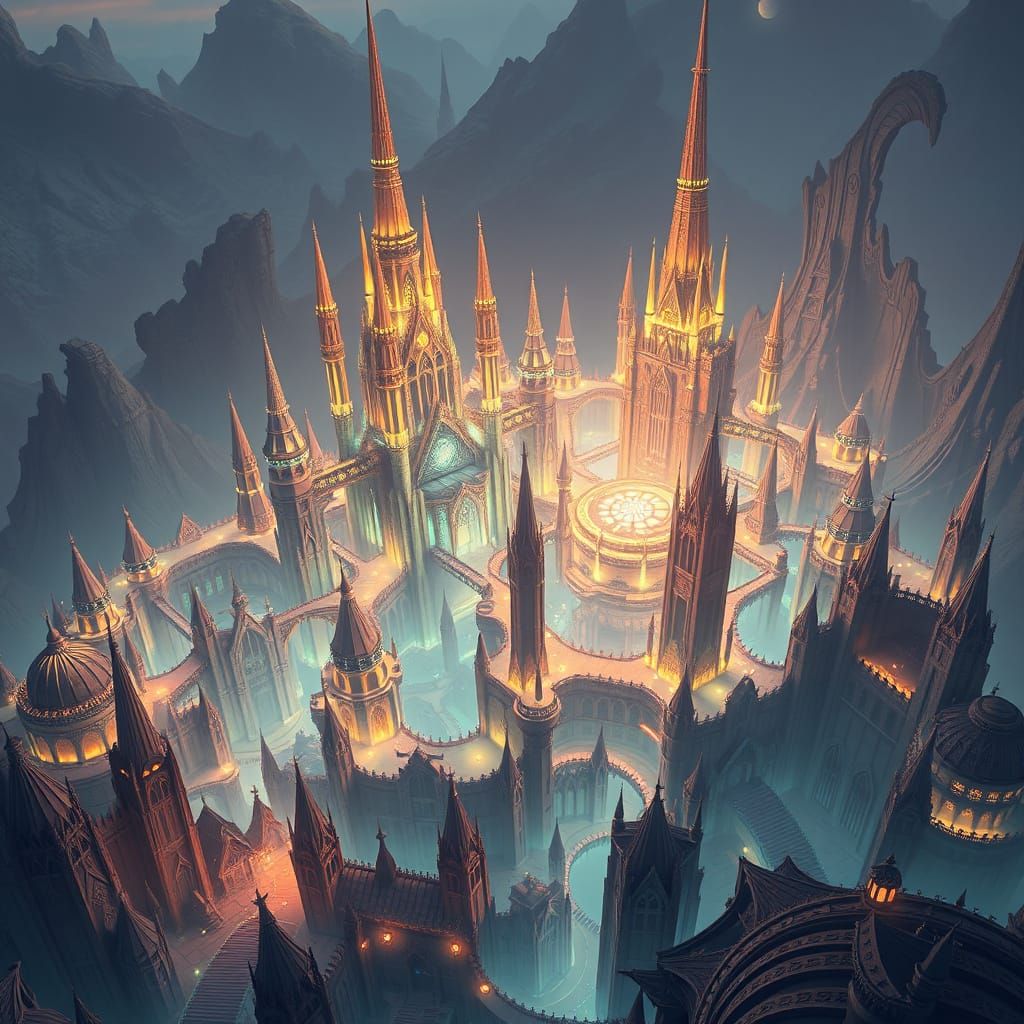 Glowing Fantasy City Map in Retro-Futuristic Style