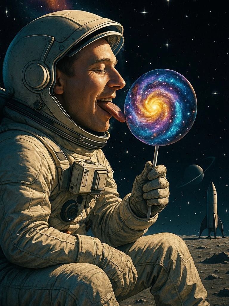 Astronaut Licking Galaxy Lollipop in Dark Outer Space