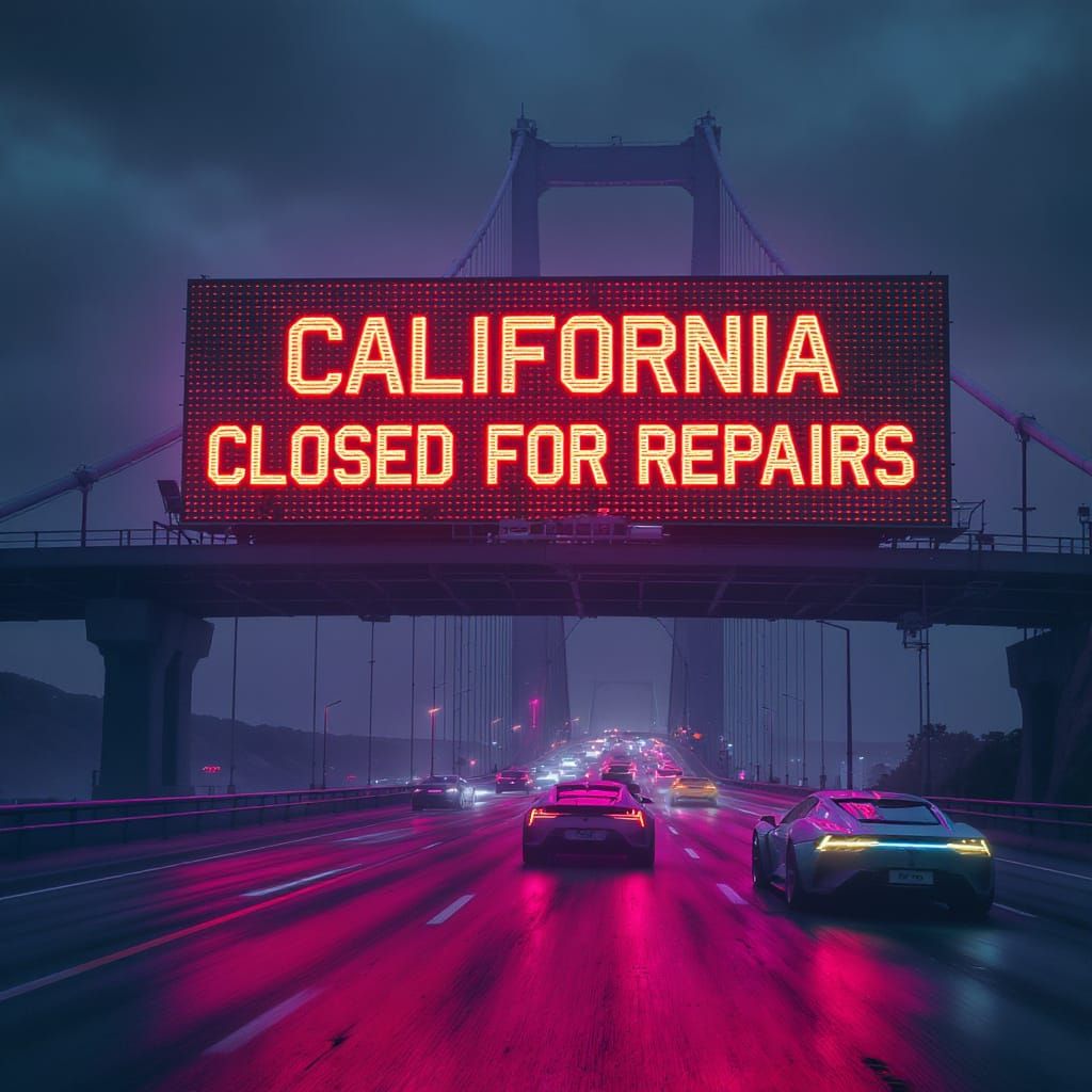 Cyberpunk Cars Approach California Road Closure Sign