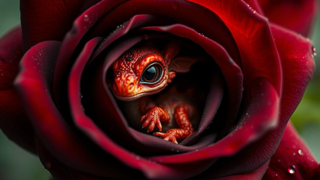 Fearful Red Dragon Peeks from Black Rose