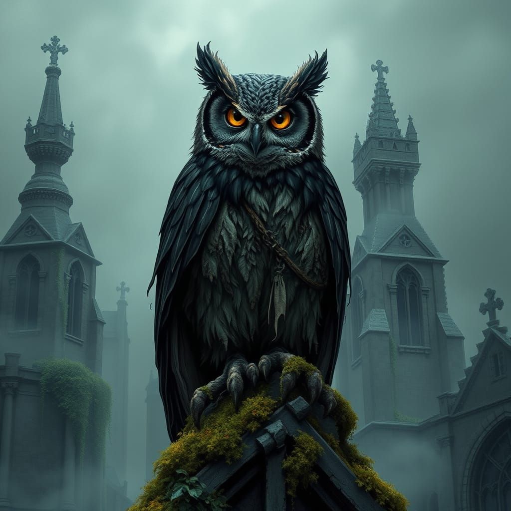 A wise old owl, adorned in ornate, gothic robes, perches ato...