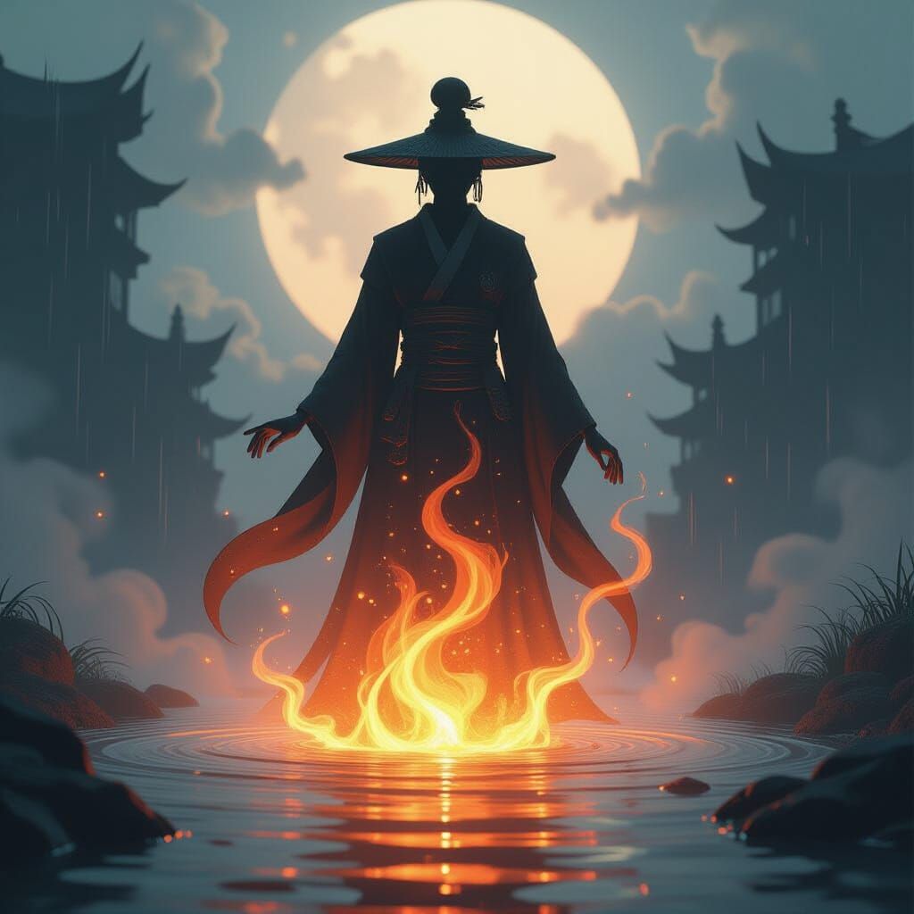 Yokai Fireball and Rain Spirits in Shadowy Soul Landscape