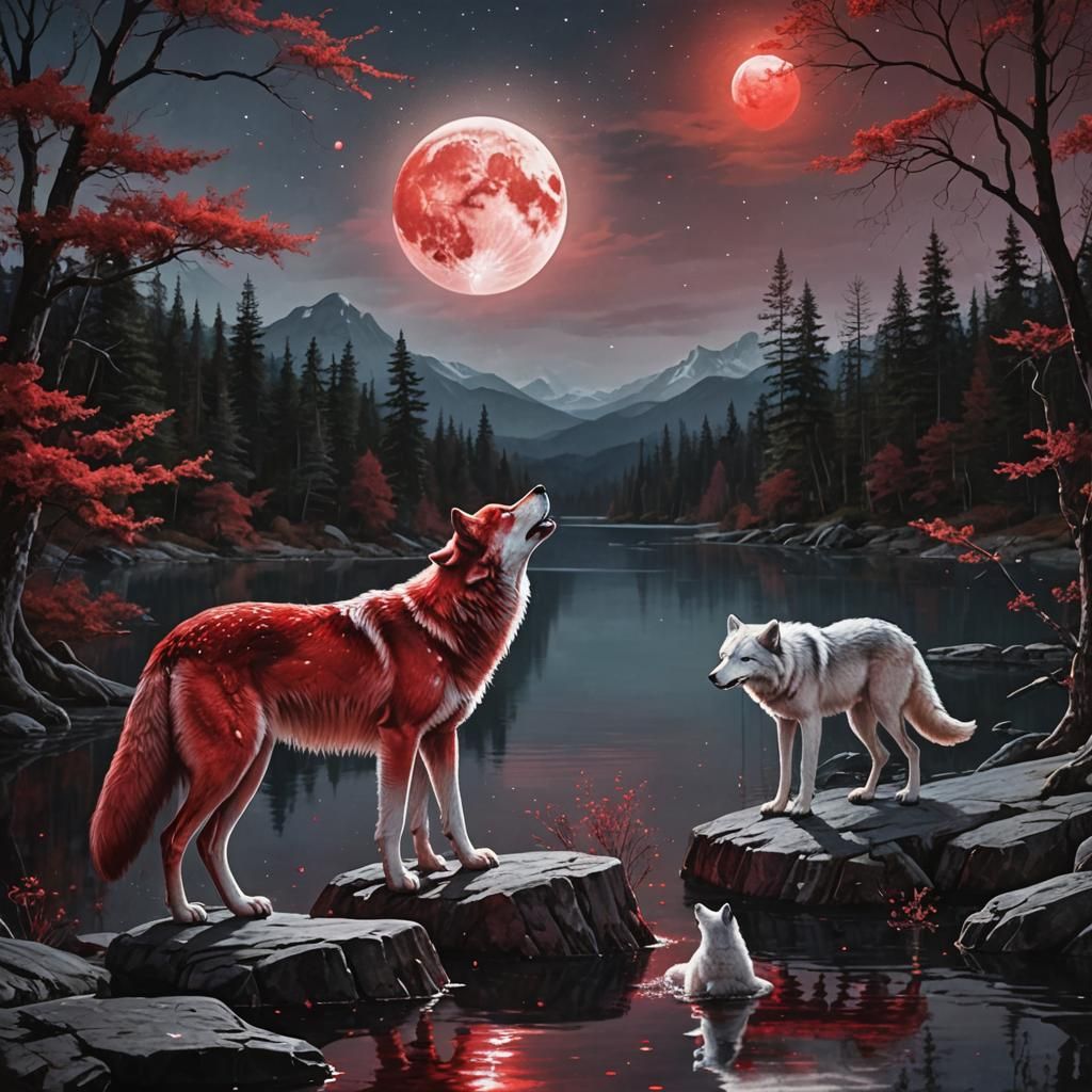 Red Moon Glitter Lake with White Wolves