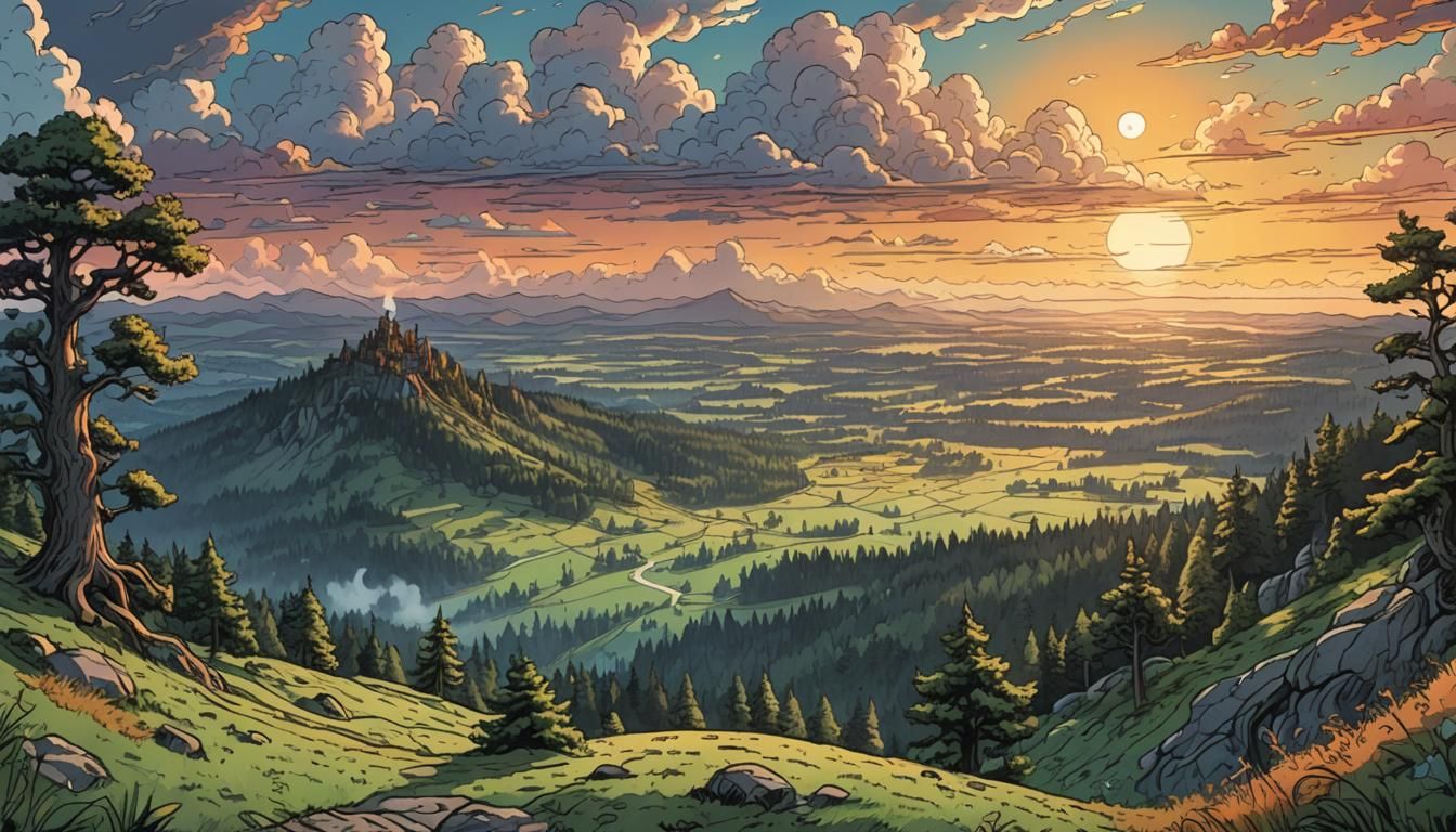 Ethereal Sunset Scene from a Rolling Hilltop Forest