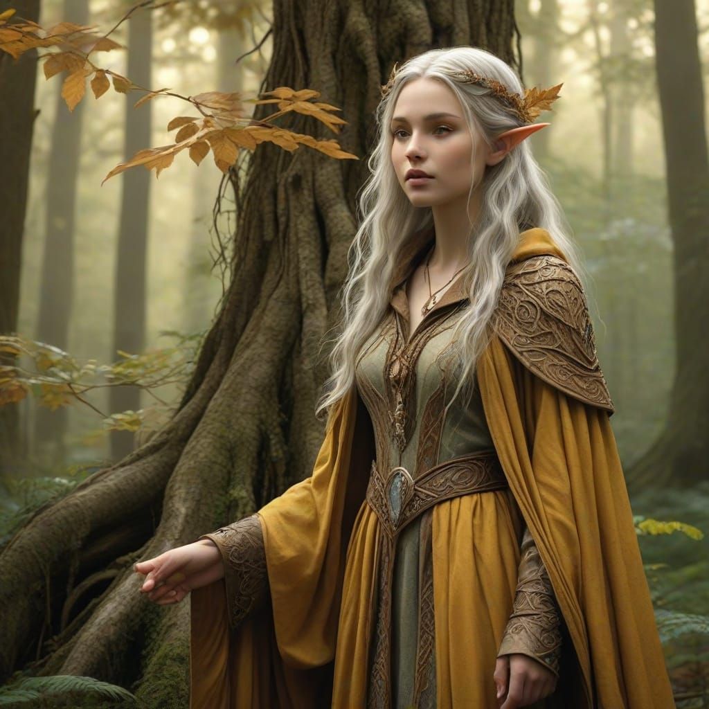 Elf Druid in Misty Forest Glen, Fantasy Art
