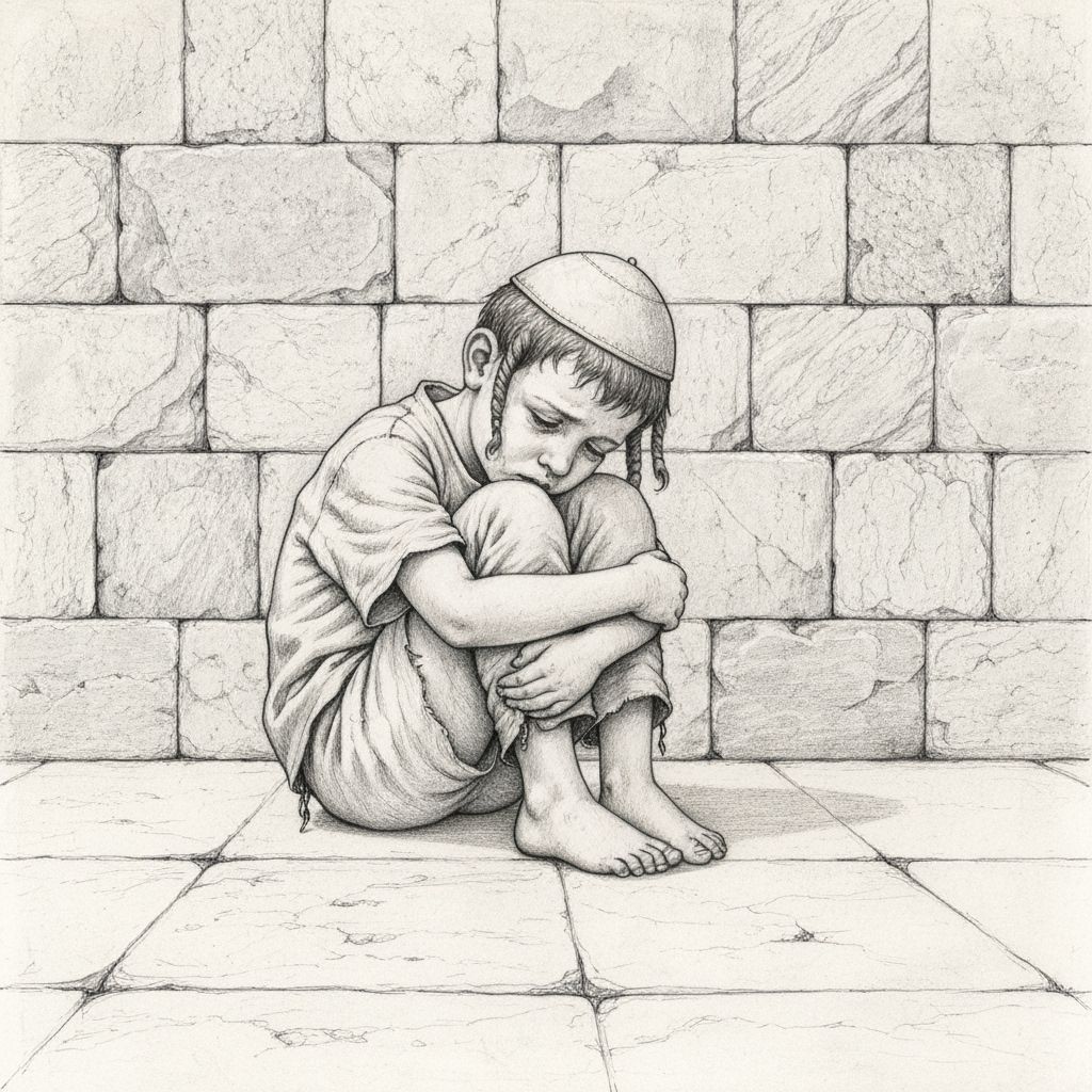 Boy with Kippah in Detailed Pencil Drawing