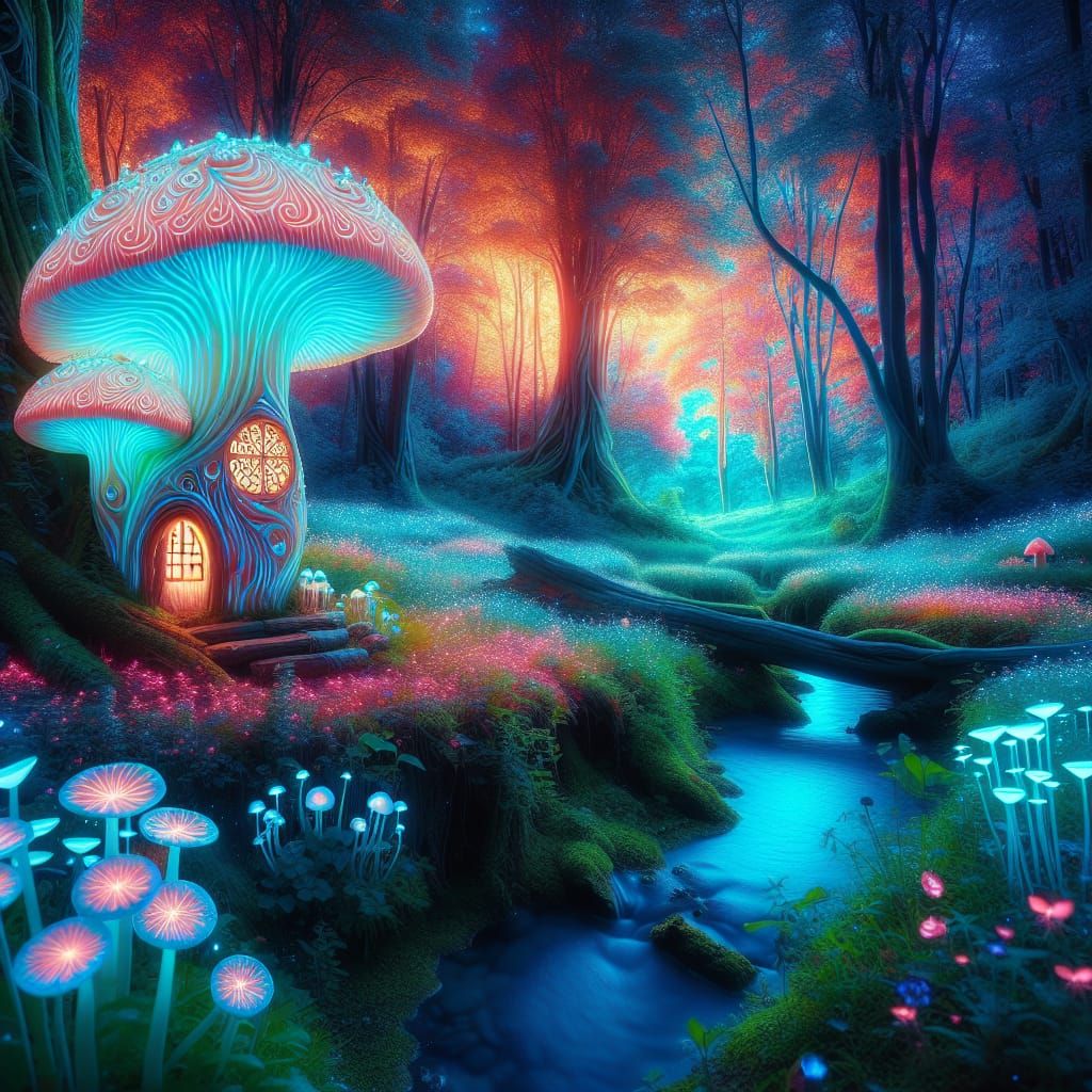 Enchanted Fairy Mushroom House in Bioluminescent Forest