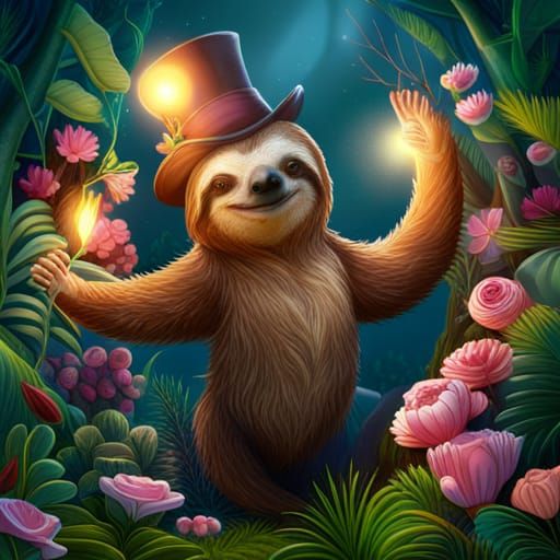 Sloth in Suit and Top Hat in Luminous Forest