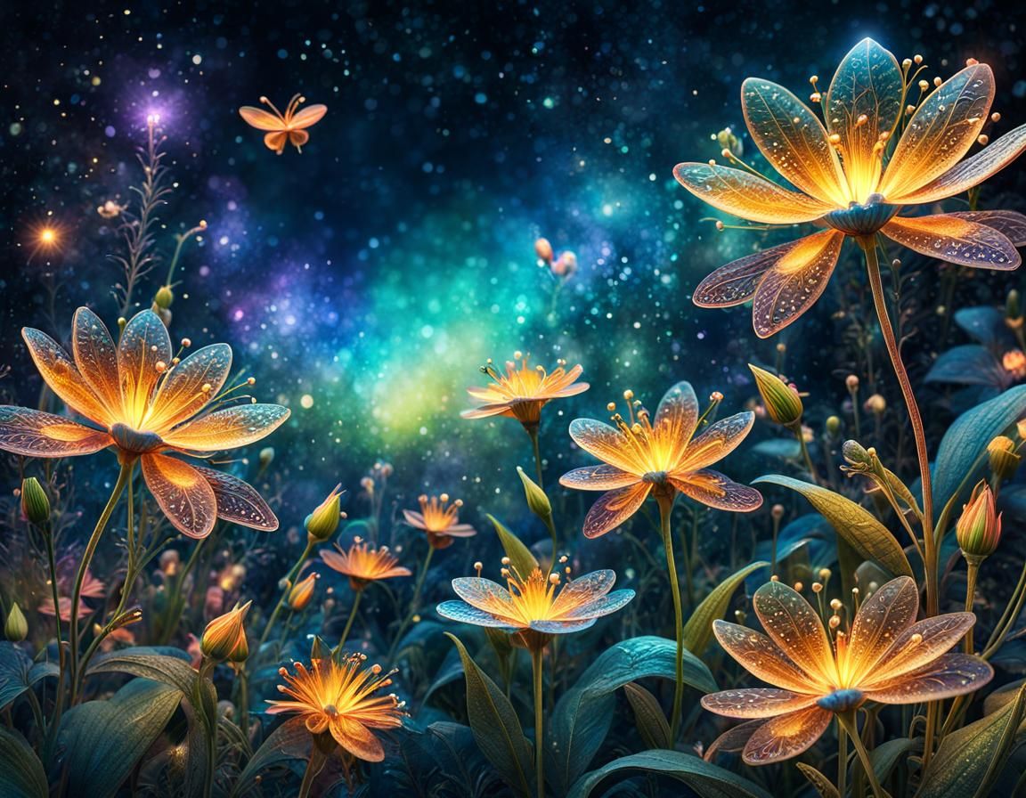Intricate Flower Wonderland with Fireflies in Watercolor Sty...