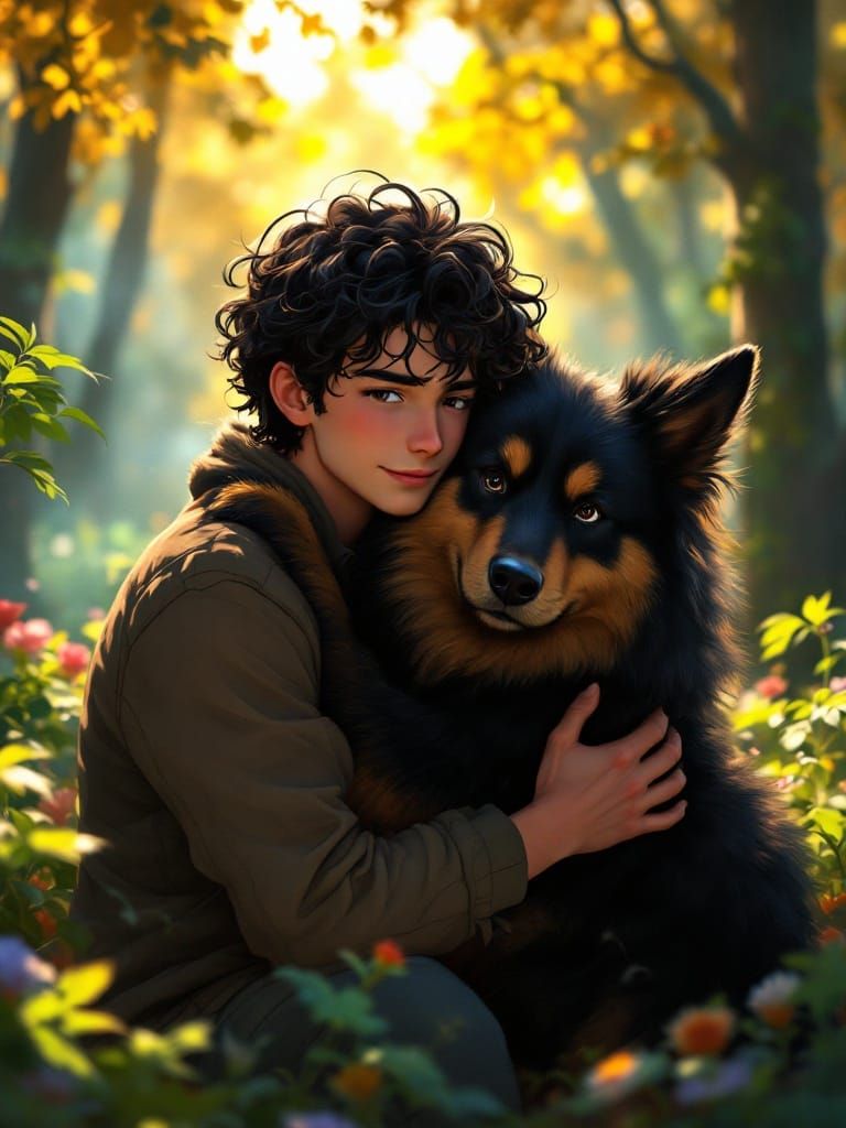 Man and Dog in Vibrant Forest, Makoto Shinkai Style