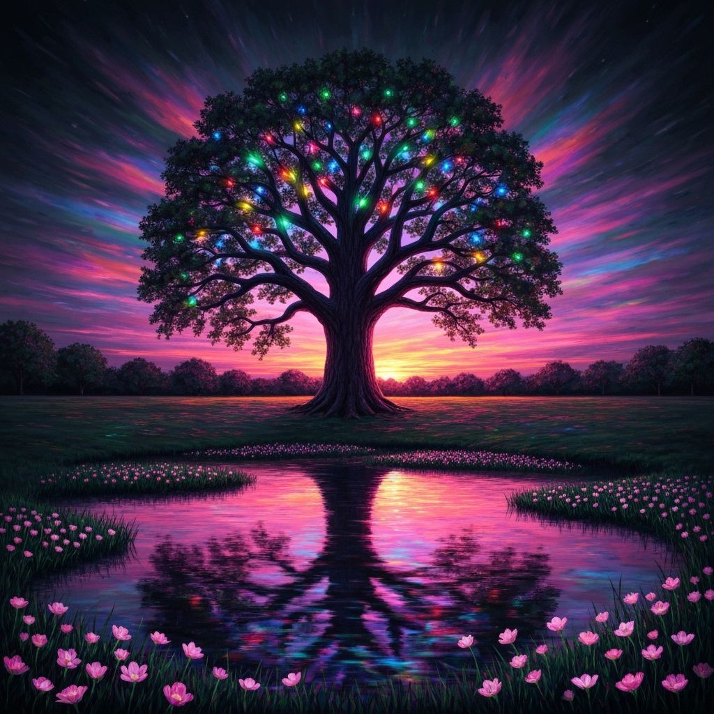 Neon Oak Tree Reflects Iridescent Sunset Over Pink Flowers