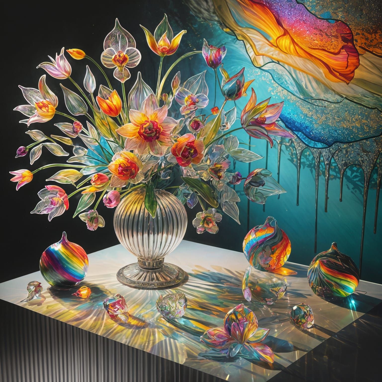 Rainbow Glass Flower Arrangement with Alcohol Ink Shimmer