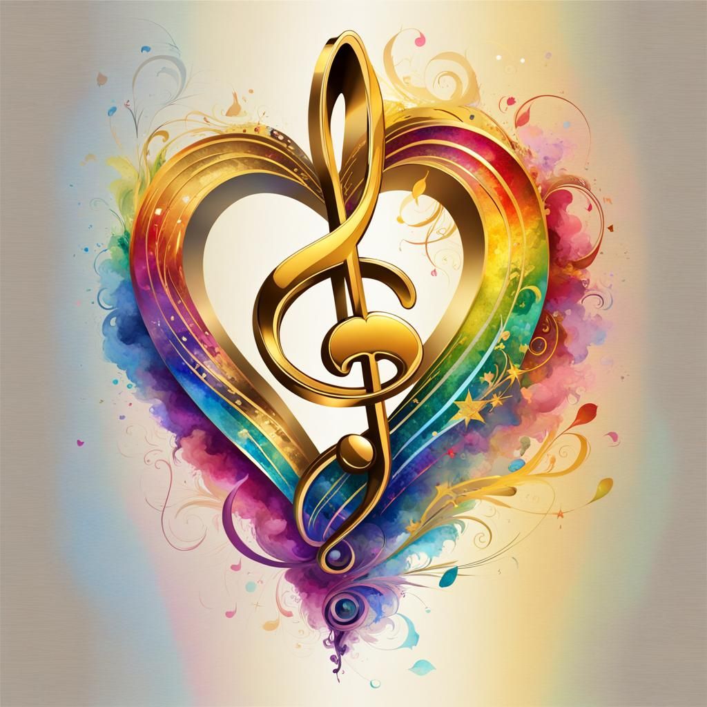 Rainbow Heart Treble Clef in Impressionistic Watercolor