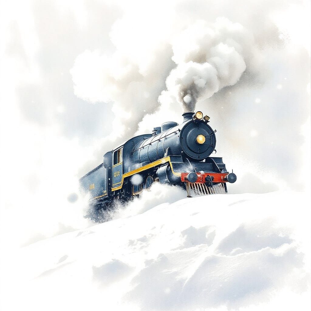 Steam Train in Blizzard, Ethereal Watercolour Landscape
