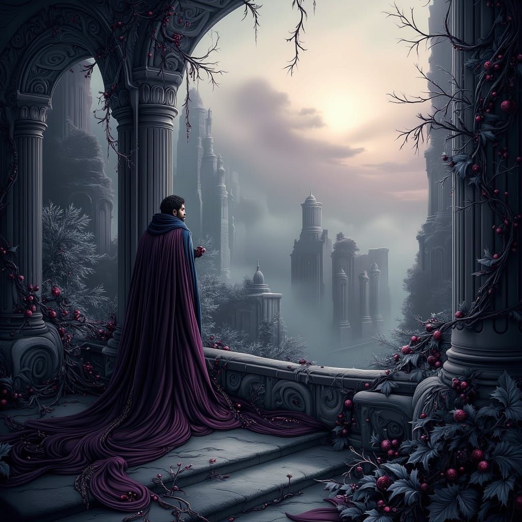 Gothic King Overlooks Nature's Reclaimed Kingdom at Sunset